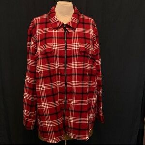 Chaps 100% Cotton Flannel Red and White Plaid Full Zip Slacket